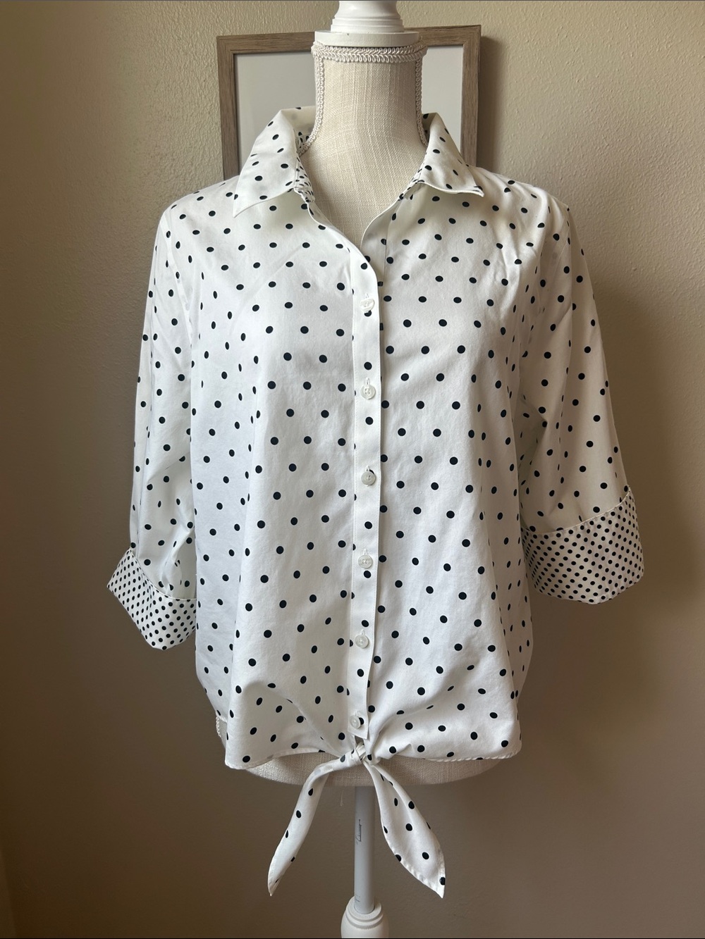 Chico's White Button-Front Polka Dot Tie-Hem Shirt